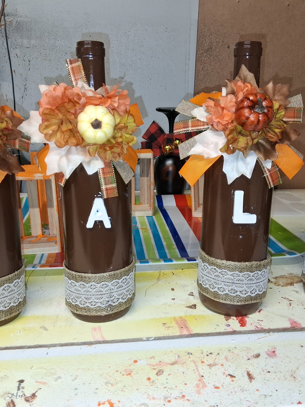 Decorative Brown Fall Wine Bottle Accent with Orange Floral Bow - Unbranded